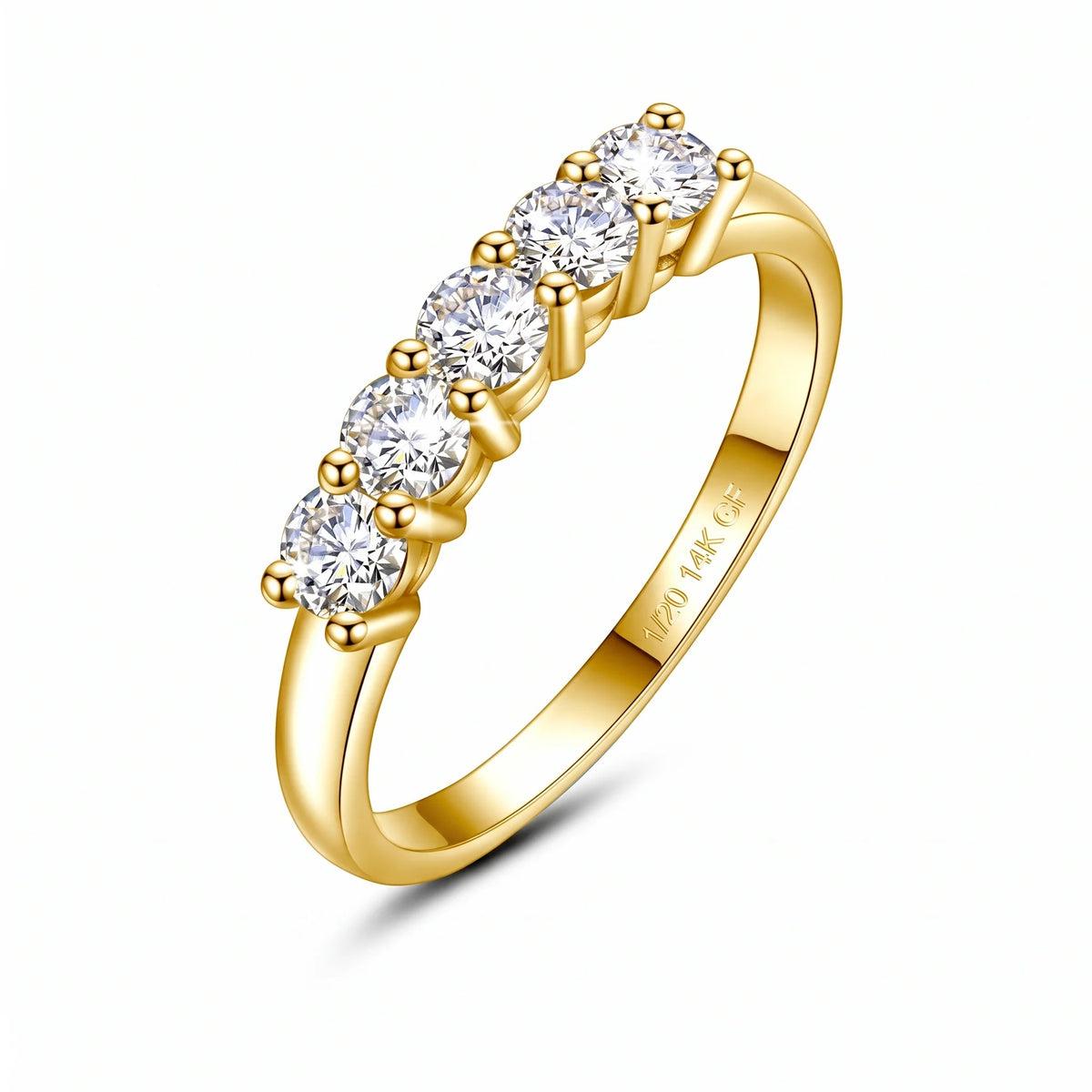 Five stone moissanite stackable ring in 14K gold filled, shown at an angle with the 1/20 14K GF stamp visible inside the band - Sensitive Stones