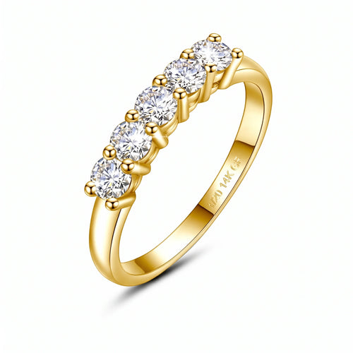 Five stone moissanite stackable ring in 14K gold filled, shown at an angle with the 1/20 14K GF stamp visible inside the band - Sensitive Stones