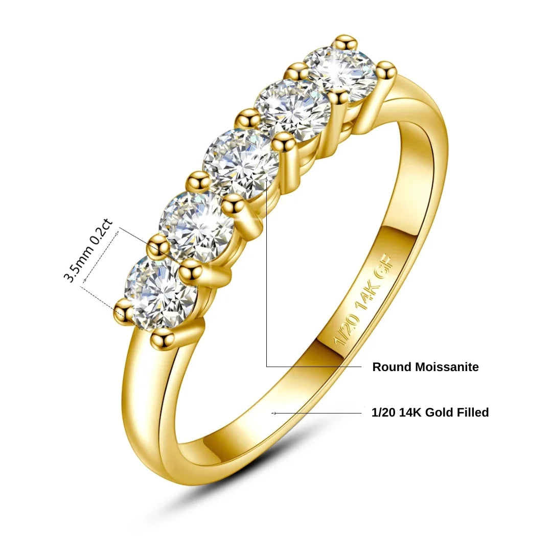 Specification diagram of the five stone moissanite stackable ring showing 3.5mm 0.2ct round moissanite and the 1/20 14K GF stamp - Sensitive Stones
