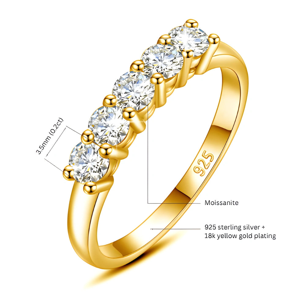 Five stone moissanite wedding band spec guide showing 3.5mm 0.2ct stones in 925 sterling silver with 18K yellow gold plating - Sensitive Stones
