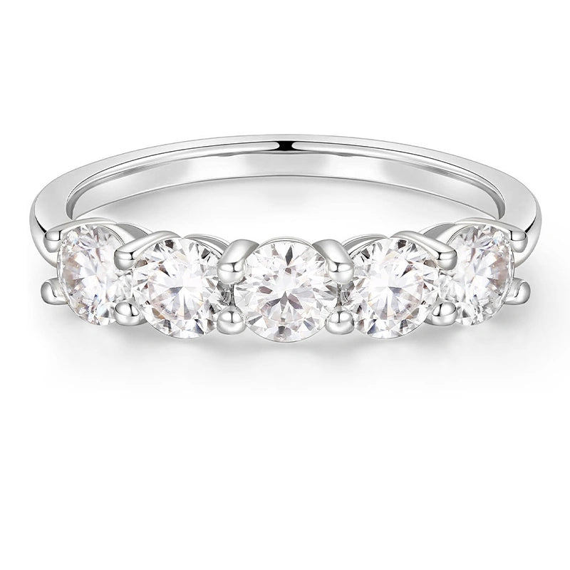 Five stone moissanite wedding band in 925 sterling silver white gold with 3.5mm prong-set stones - Sensitive Stones