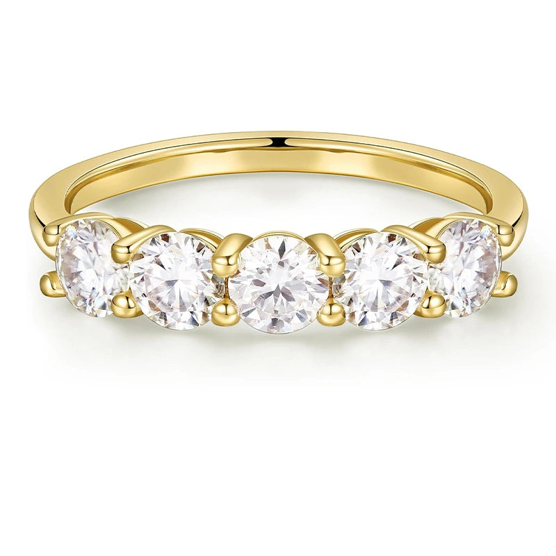 Five stone moissanite wedding band in yellow gold plated 925 sterling silver, front view - Sensitive Stones