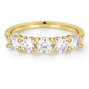 Five stone moissanite wedding band in yellow gold plated 925 sterling silver, front view - Sensitive Stones