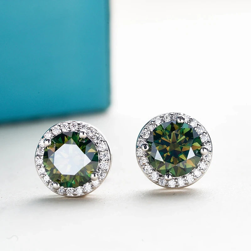 Forest green moissanite halo stud earrings in 925 sterling silver with teal background - Sensitive Stones