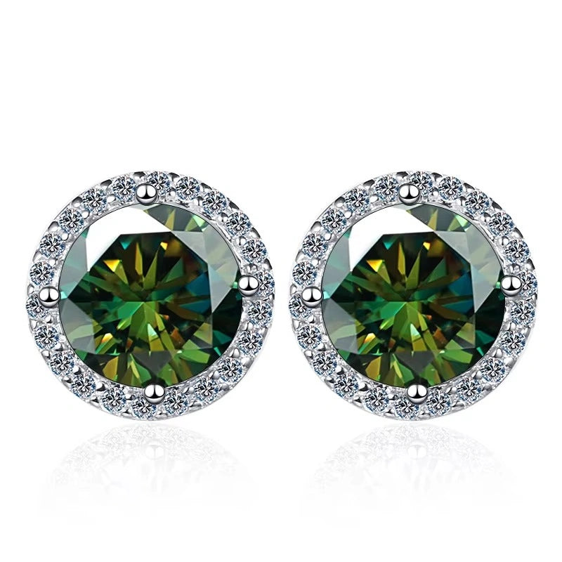 Forest green moissanite halo stud earrings in 925 sterling silver on white background - Sensitive Stones