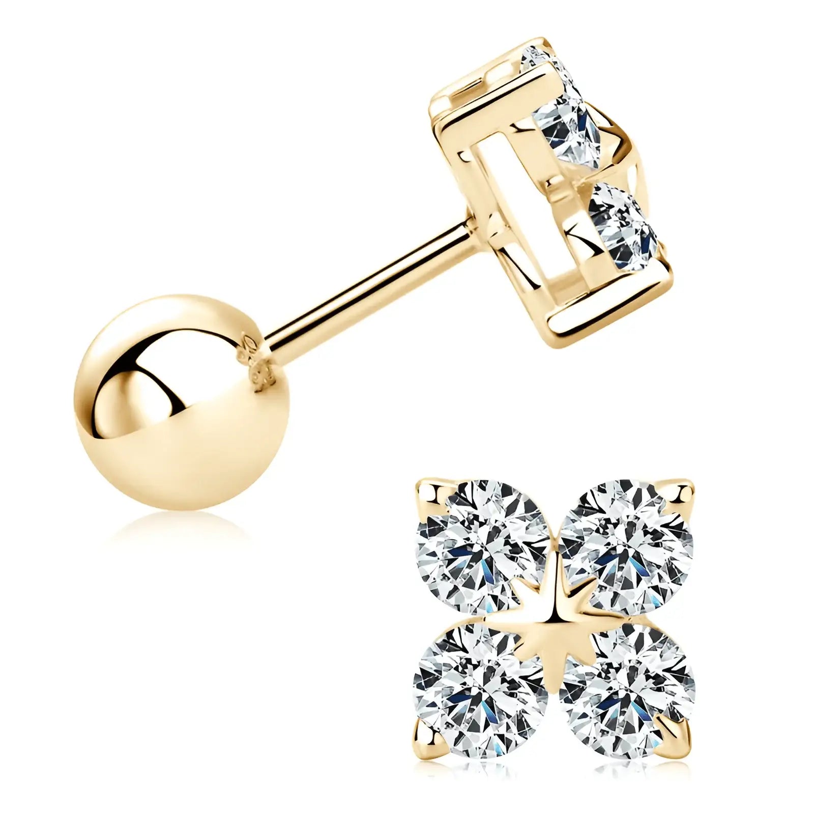 Yellow gold moissanite clover stud earrings side angle showing detailed setting and shine – Sensitive Stones
