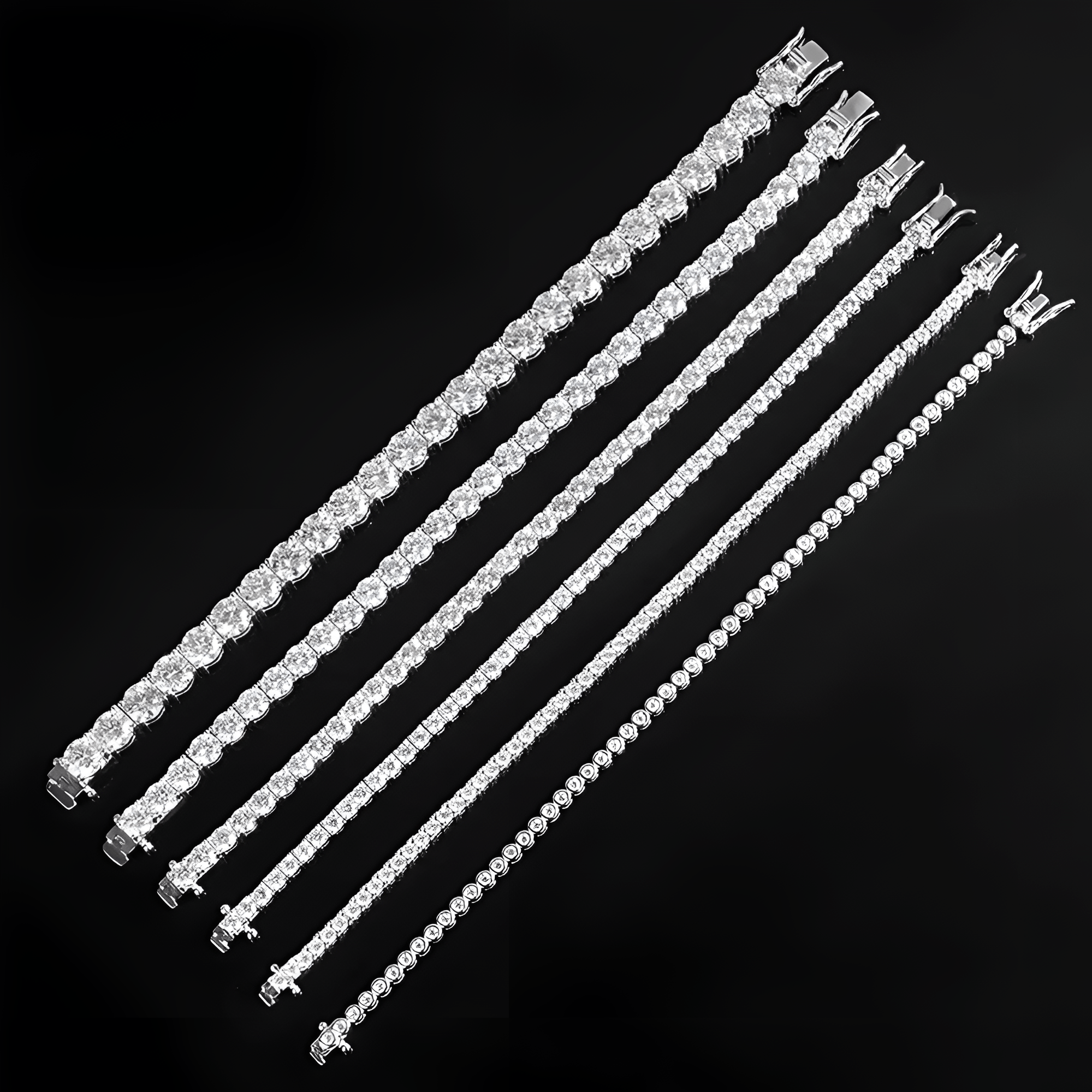 Lineup of sterling silver moissanite tennis bracelets featuring different carat sizes.