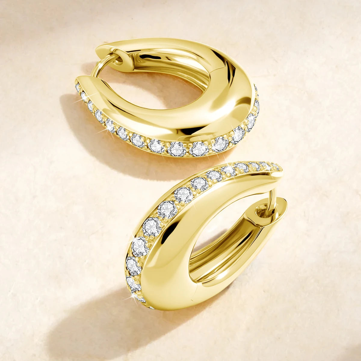 Chunky moissanite hoop earrings in 14K gold filled - pavé set D VVS1 stones, hinged clasp - Sensitive Stones