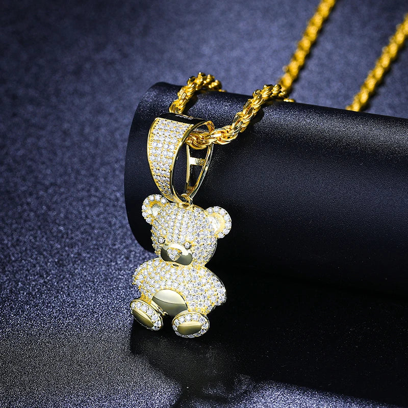Gold Moissanite Bear Pendant Necklace with Rope Chain | Sensitive Stones