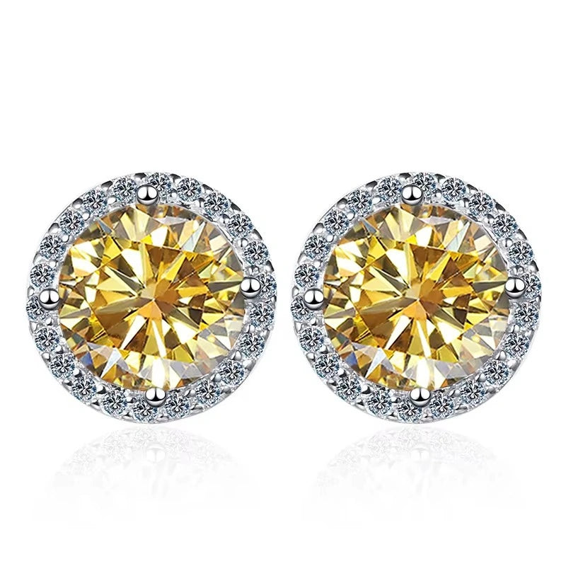 Golden yellow moissanite halo stud earrings in 925 sterling silver on white background - Sensitive Stones