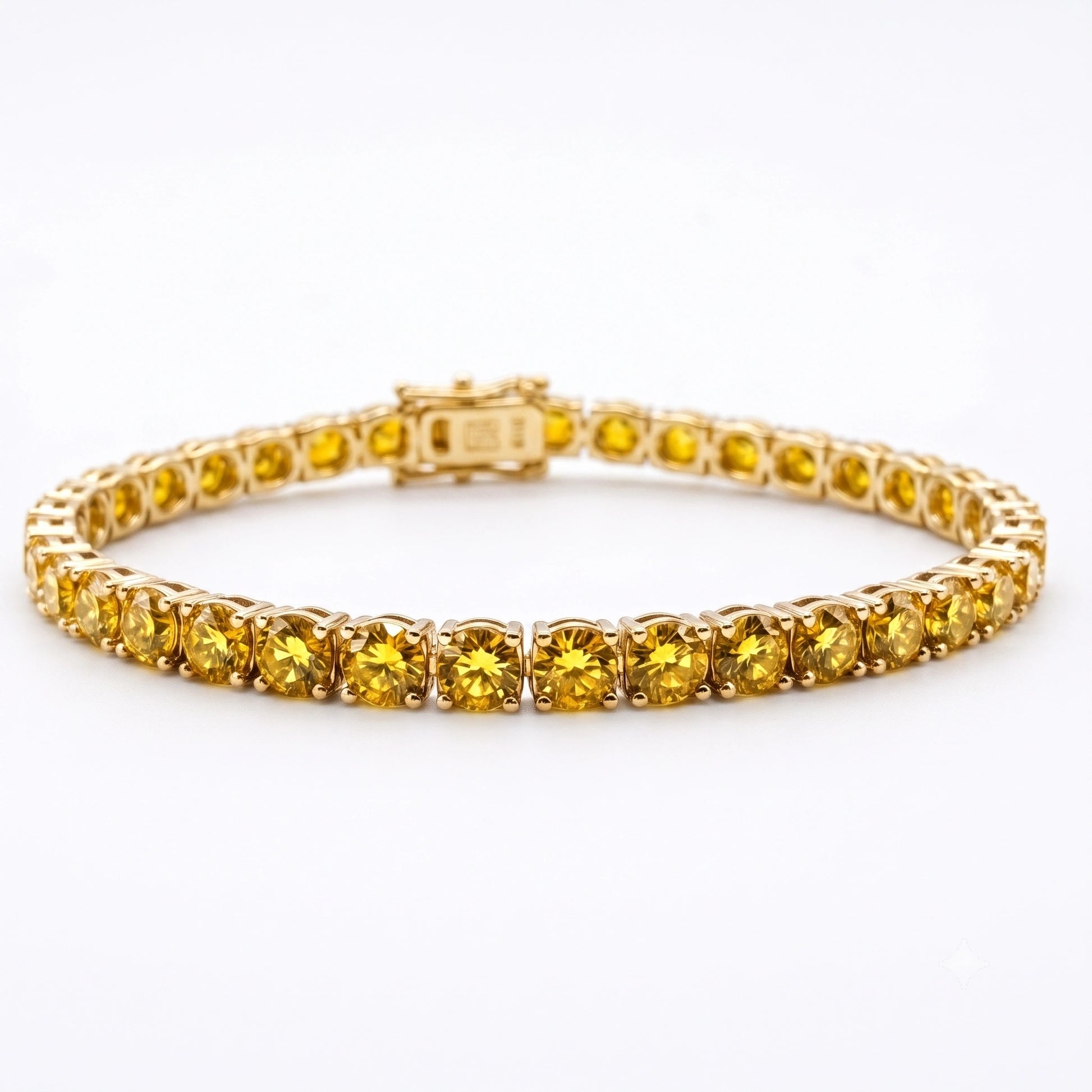 Golden yellow moissanite tennis bracelet in 18K yellow gold plated sterling silver on a white background - Sensitive Stones