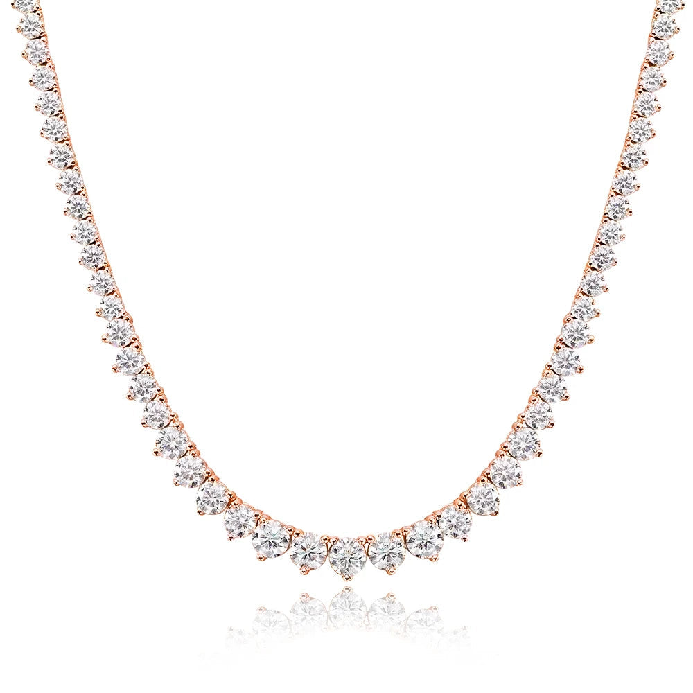 Graduated moissanite tennis necklace in 18K rose gold plated 925 sterling silver, riviera style with three-prong set stones