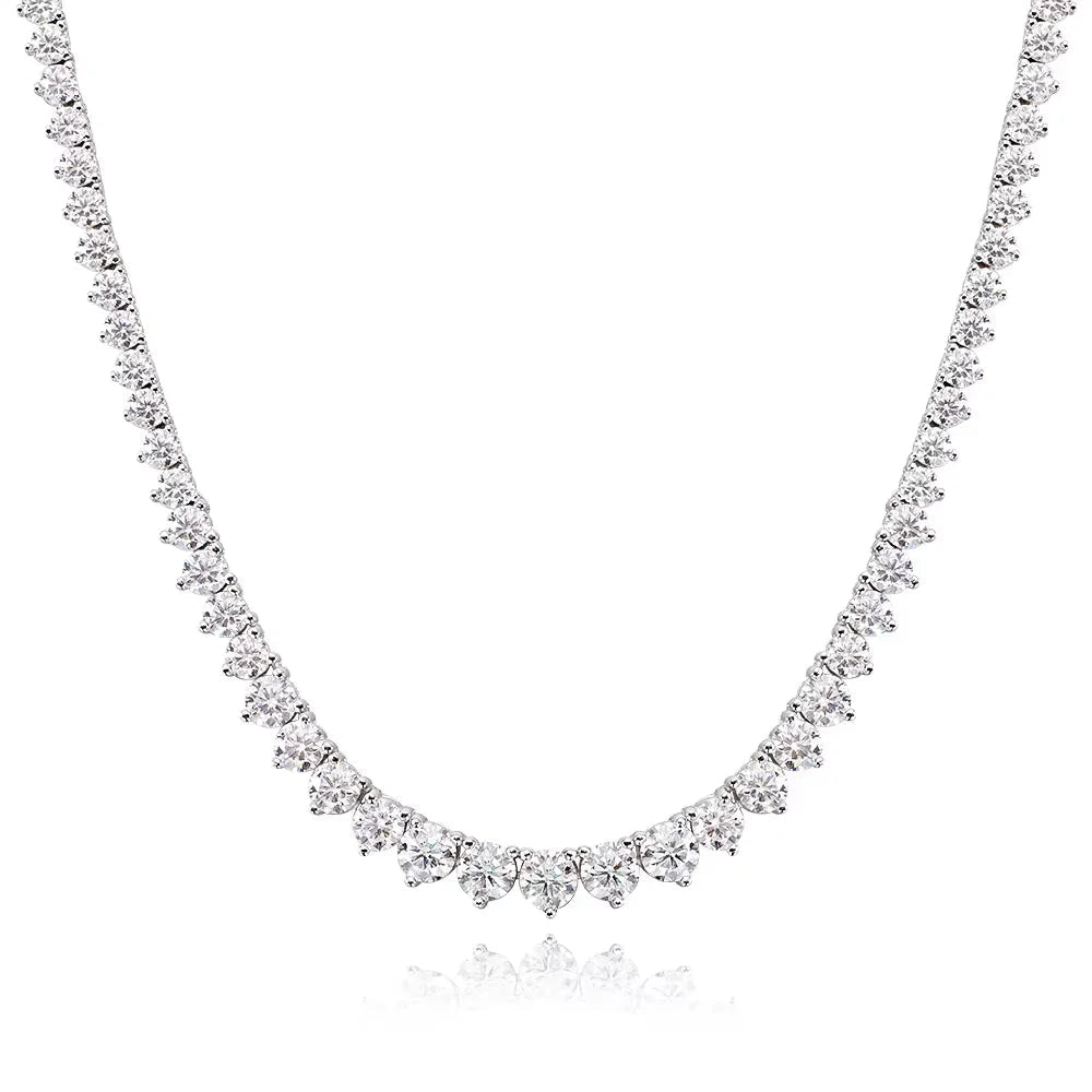 Graduated moissanite tennis necklace in 925 sterling silver with 18K white gold plating, stones rising from 3mm at the nape to 4.5mm at the centre