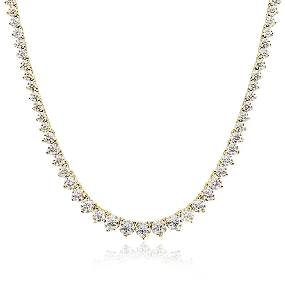 Graduated moissanite tennis necklace in 18K yellow gold plated 925 sterling silver, riviera style with three-prong set stones