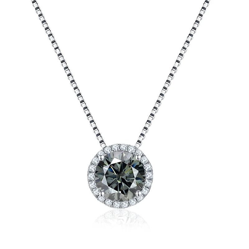 Gray moissanite halo pendant necklace 925 sterling silver white gold plated - Sensitive Stones