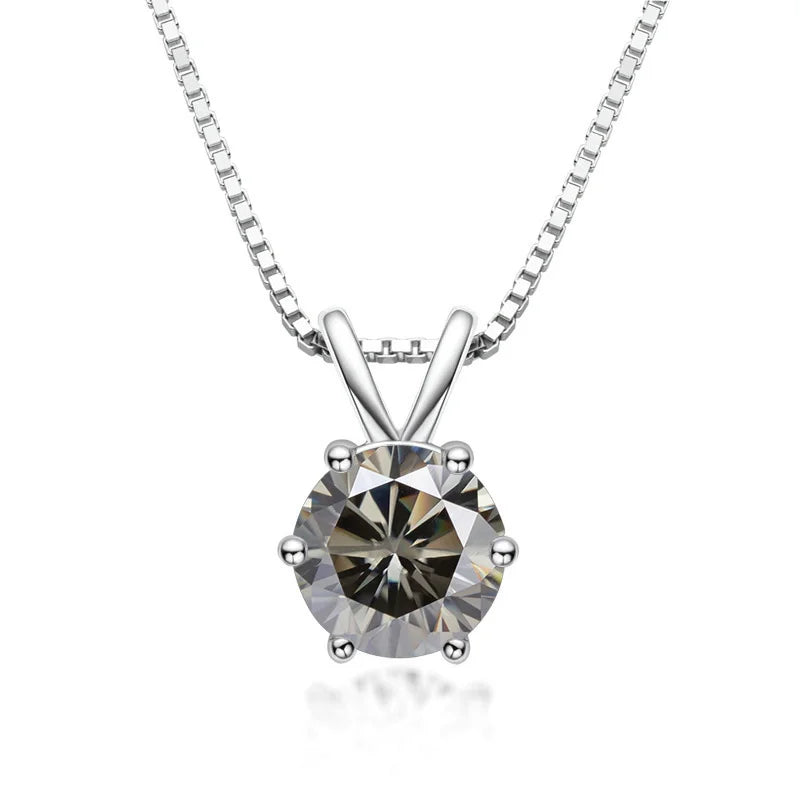 Gray moissanite solitaire pendant necklace 925 sterling silver 18K white gold plated 6 prong - Sensitive Stones