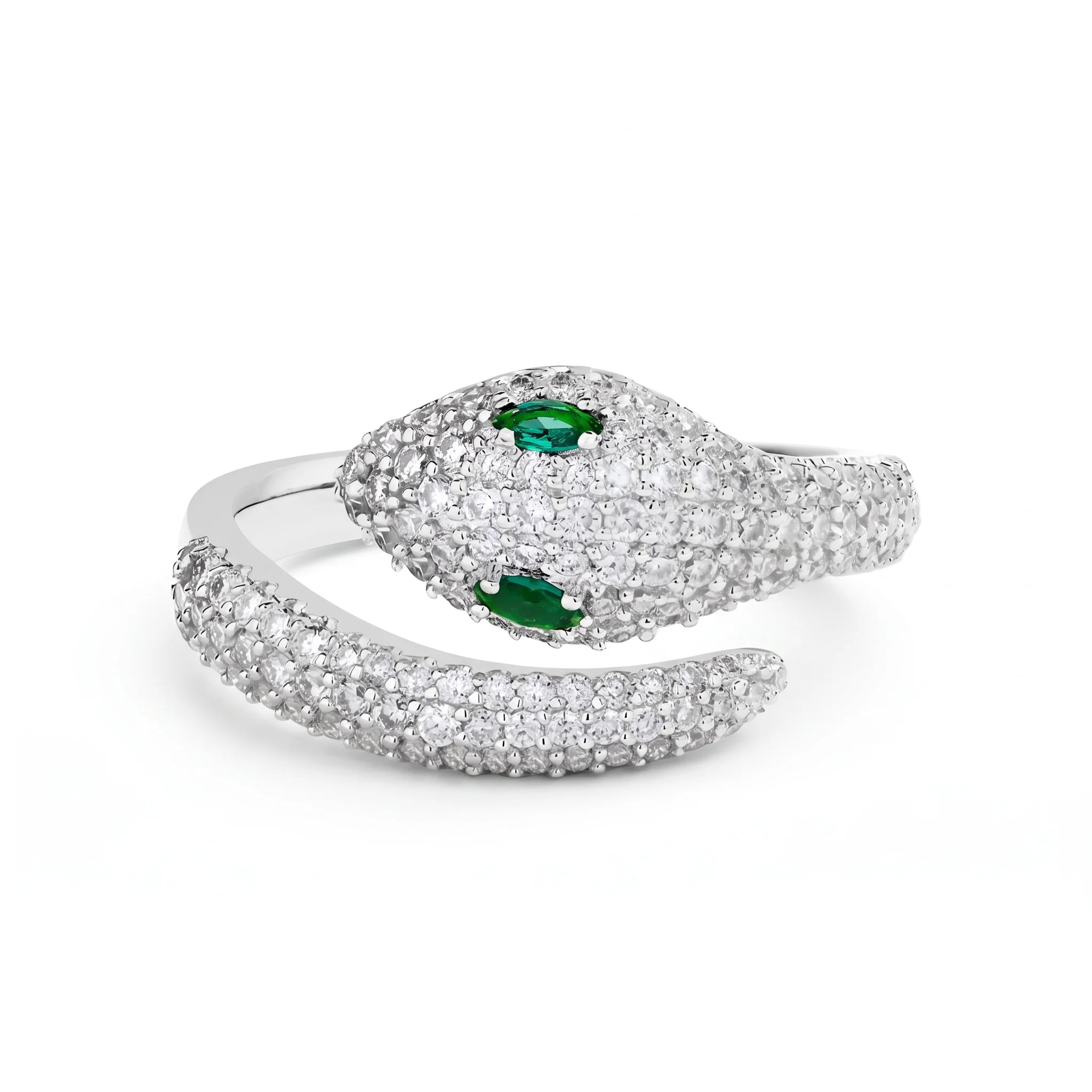 Green-eyed moissanite snake ring in 925 sterling silver with a white gold finish showing pave moissanite scales and marquise lab-created emerald eyes - Sensitive Stones