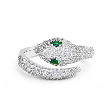 Green-eyed moissanite snake ring in 925 sterling silver with a white gold finish showing pave moissanite scales and marquise lab-created emerald eyes - Sensitive Stones
