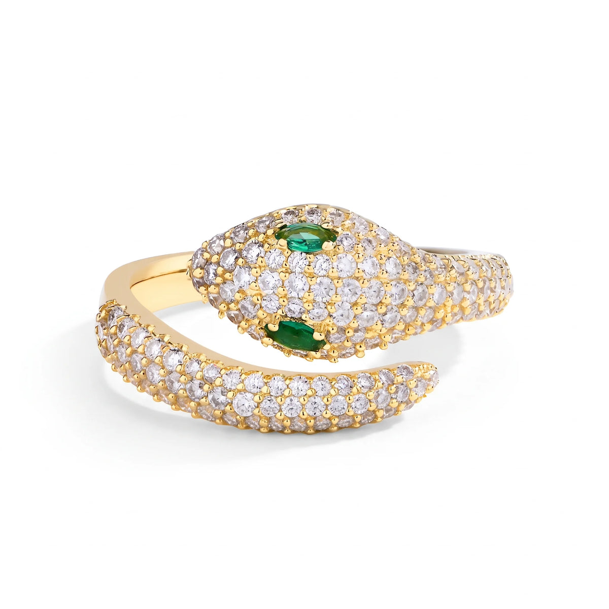 Green-eyed moissanite snake ring in 925 sterling silver with a yellow gold finish showing pave moissanite scales and marquise lab-created emerald eyes - Sensitive Stones