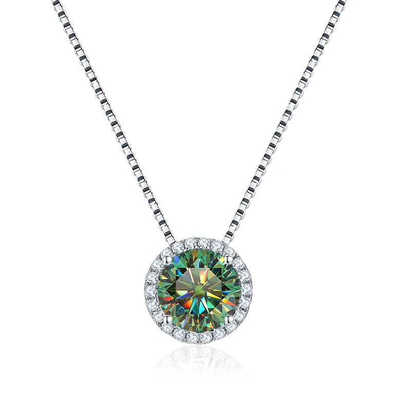 Green moissanite halo pendant necklace 925 sterling silver white gold plated - Sensitive Stones