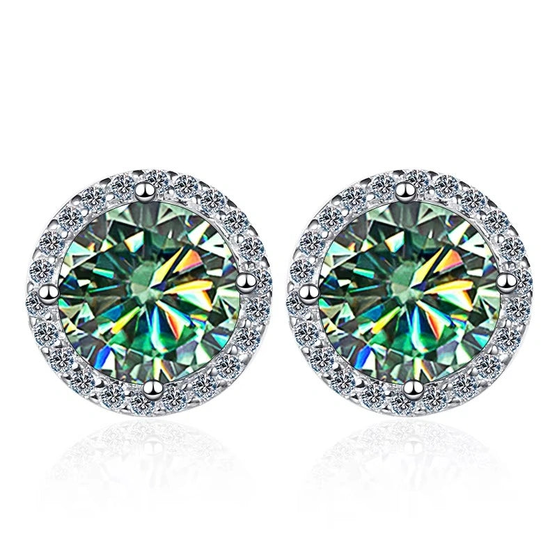 Green moissanite halo stud earrings in 925 sterling silver showing rainbow fire and brilliance - Sensitive Stones