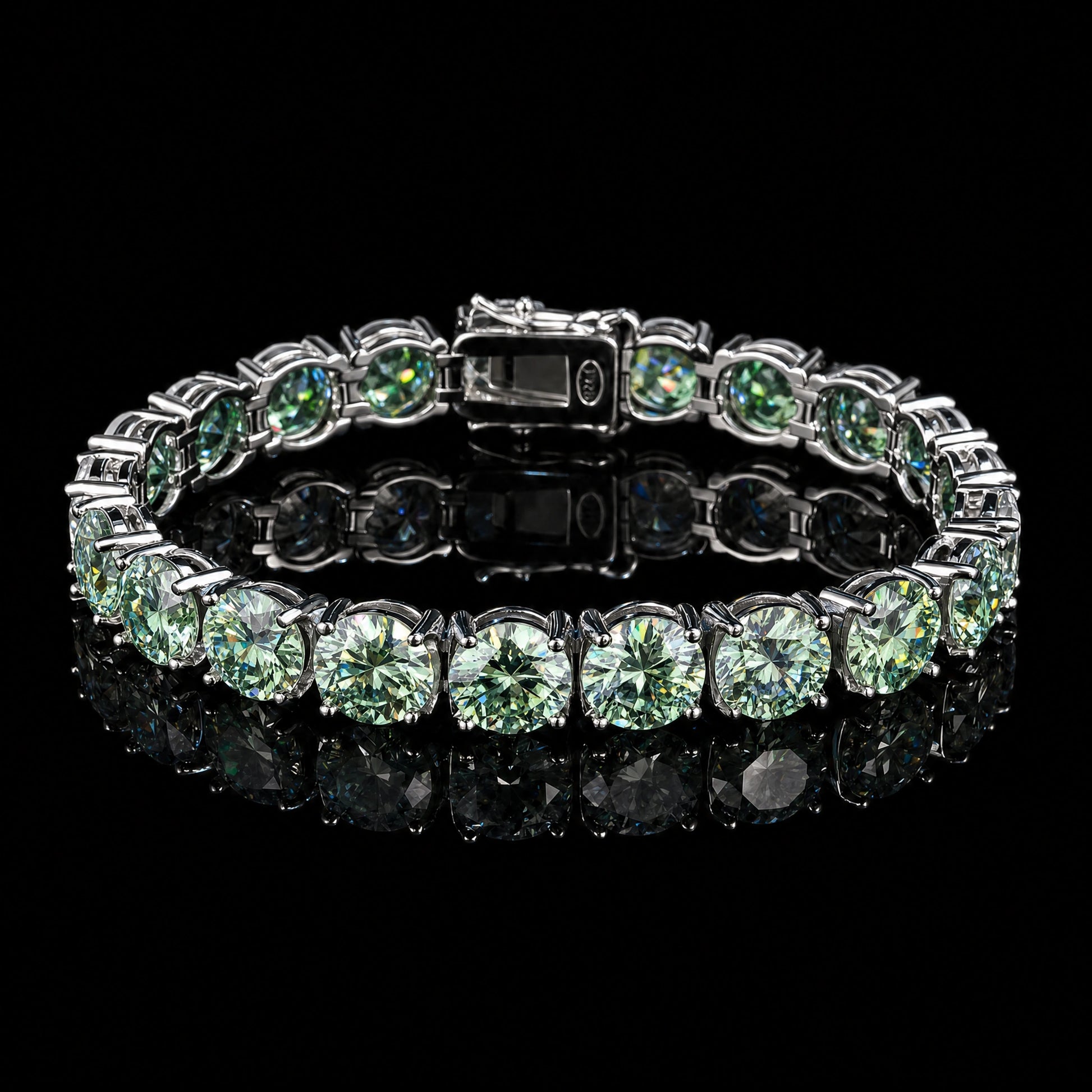 Green moissanite tennis bracelet with round cut stones in sterling silver 4-prong setting on black reflective surface - Sensitive Stones
