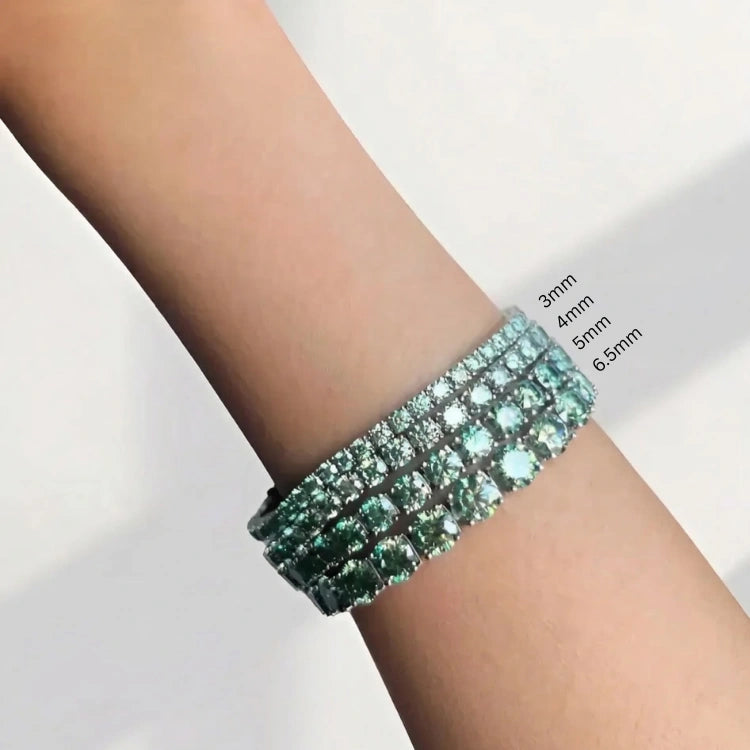 Wrist stack showing 3 mm–6.5 mm green moissanite tennis bracelet sizes – Sensitive Stones
