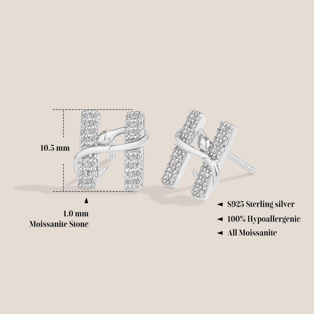 H Letter Snake Moissanite Stud Earrings size diagram, 925 sterling silver with 1mm pavé stones - Sensitive Stones