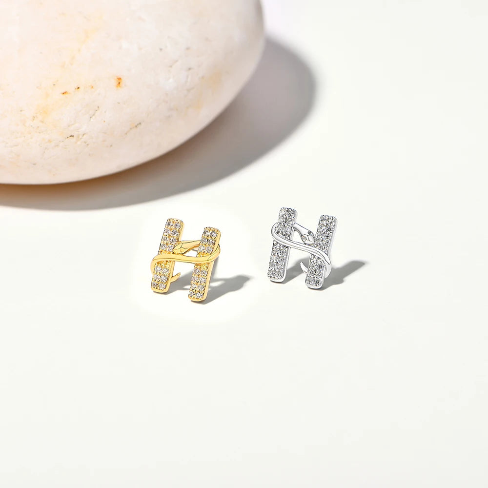 H Letter Snake Moissanite Stud Earrings side by side, 18K yellow gold and 18K white gold finish comparison - Sensitive Stones