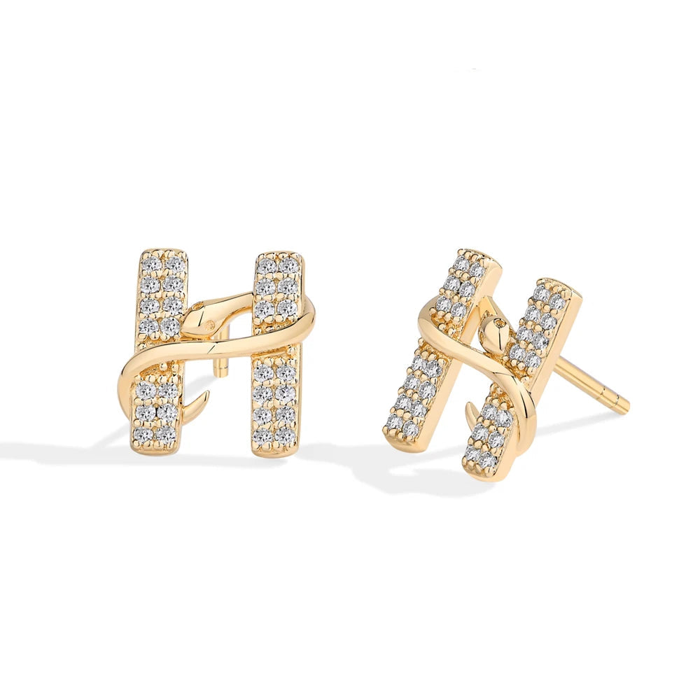 H Letter Snake Moissanite Stud Earrings in 18K yellow gold plating, D Color VVS1 moissanite - Sensitive Stones