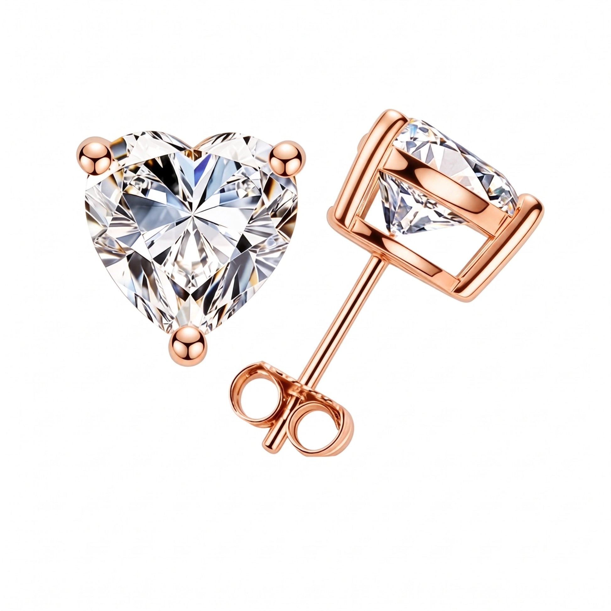 Rose gold heart cut moissanite stud earrings on a white background - Sensitive Stones