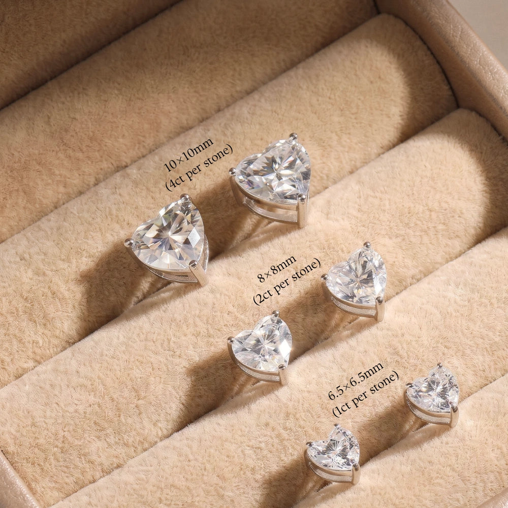 Heart cut moissanite stud earrings size chart, 6.5mm 1ct, 8mm 2ct and 10mm 4ct white gold studs - Sensitive Stones