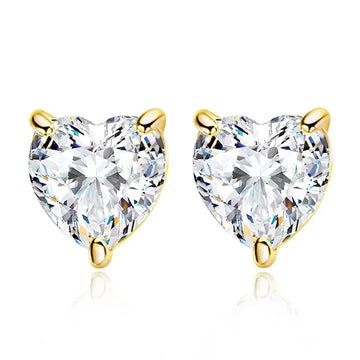 Heart cut moissanite stud earrings with 18K yellow gold prongs on a white background, front view - Sensitive Stones