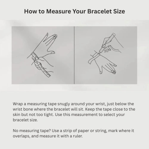 Illustration showing how to measure wrist size for a bracelet using a measuring tape and string method - Sensitive Stones