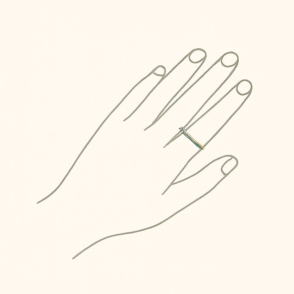 Minimalist line art of a left hand rotated 45° with a thin string snugly wrapped around the ring finger, demonstrating how to measure ring size at home on a soft beige background.