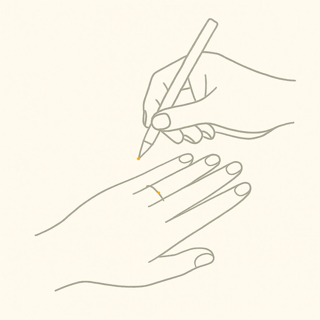 Minimalist line art showing how to measure ring size at home using a thin string wrapped snugly around the ring finger and a pencil marking the overlap point on a soft beige background.