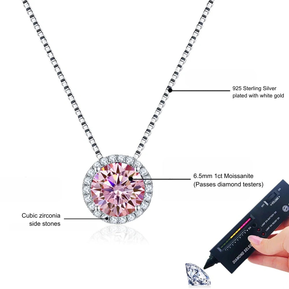 1ct Pink moissanite halo pendant necklace 925 sterling silver white gold plated diamond tester - Sensitive Stones