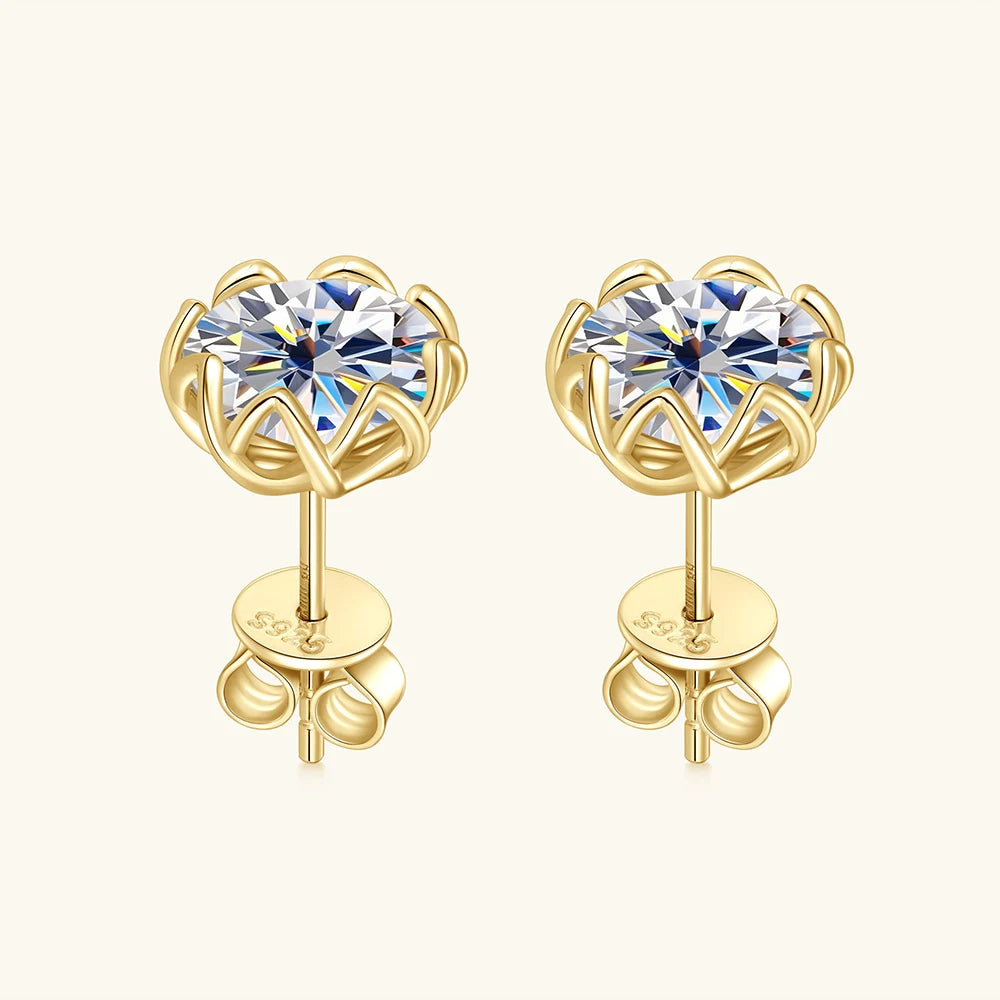 Back view of 14K gold plated moissanite flower petal stud earrings showing secure butterfly backs stamped 925 sterling silver - Sensitive Stones