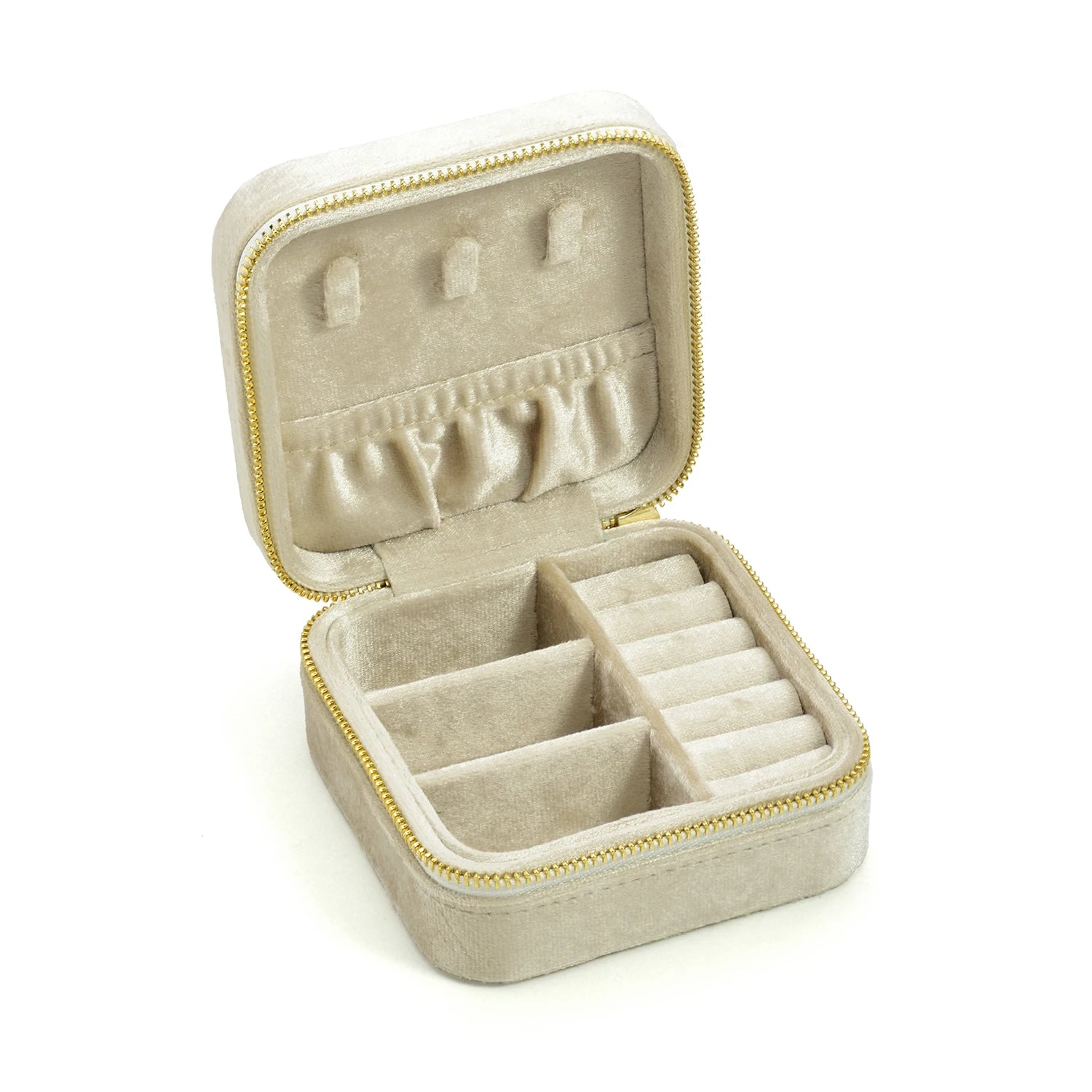Ivory velvet travel jewelry box open showing necklace hooks and ring compartments - Sensitive Stones