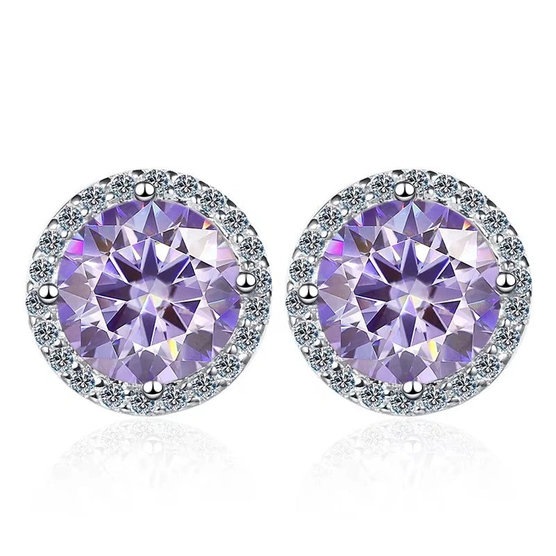 Lavender purple moissanite halo stud earrings in 925 sterling silver on white background - Sensitive Stones