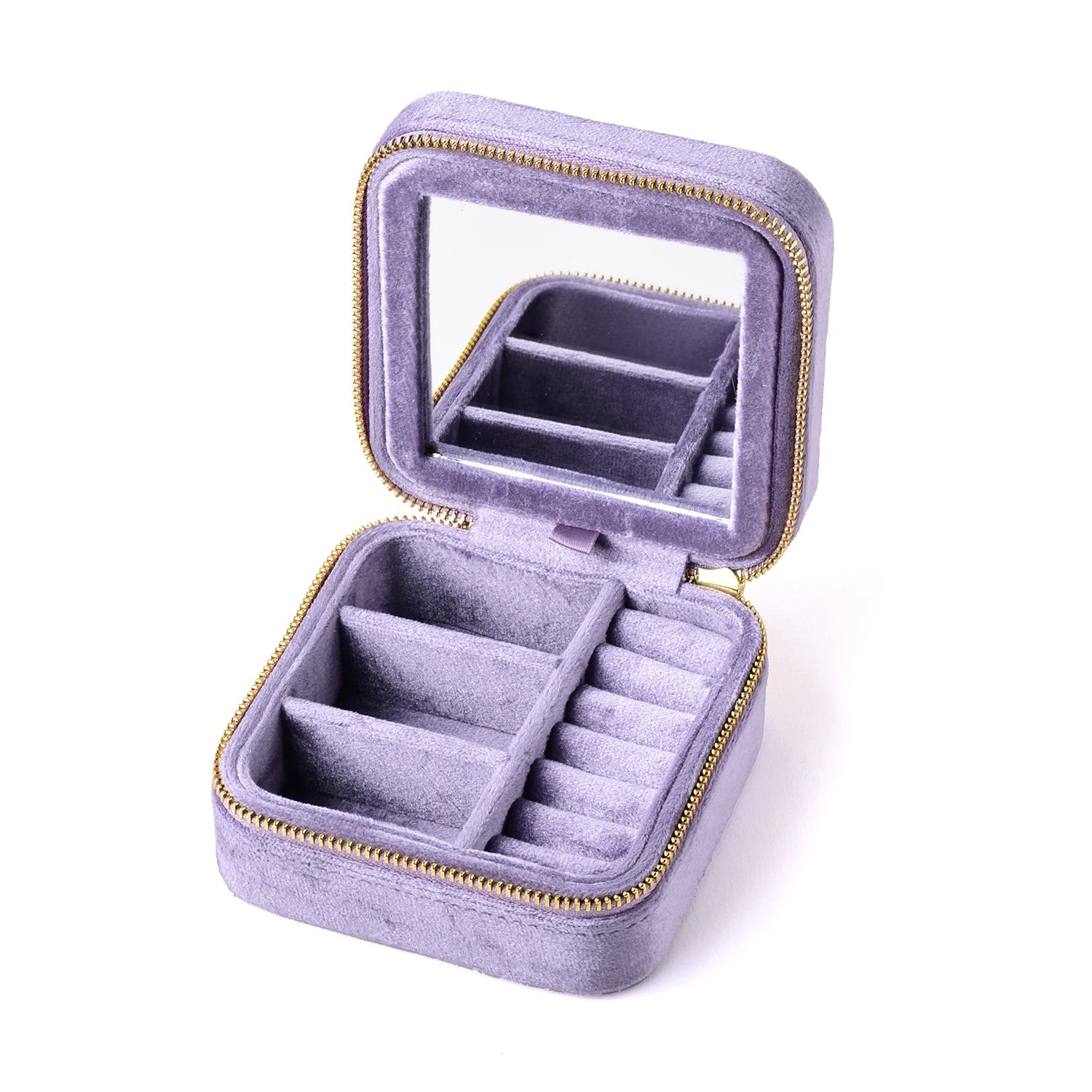 Lavender velvet travel jewelry box open showing ring rolls and earring compartments with built-in mirror - Sensitive Stones