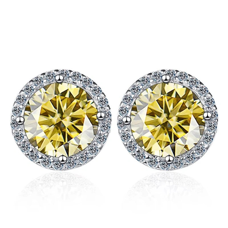 Lemon yellow moissanite halo stud earrings in 925 sterling silver on white background - Sensitive Stones