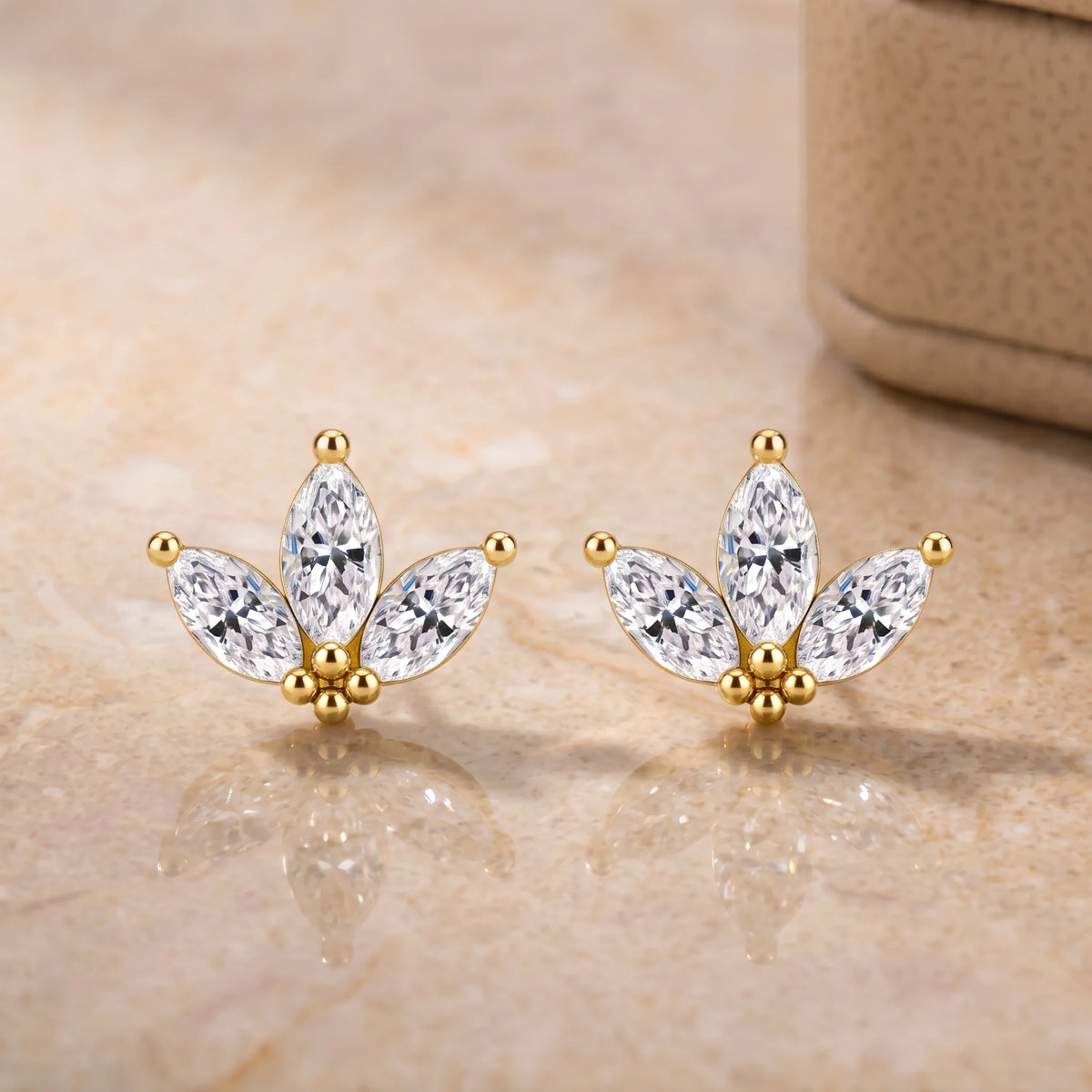 Pair of lotus marquise moissanite stud earrings in 14K gold filled, three 8x4mm stones fanned open above a bead cluster - Sensitive Stones
