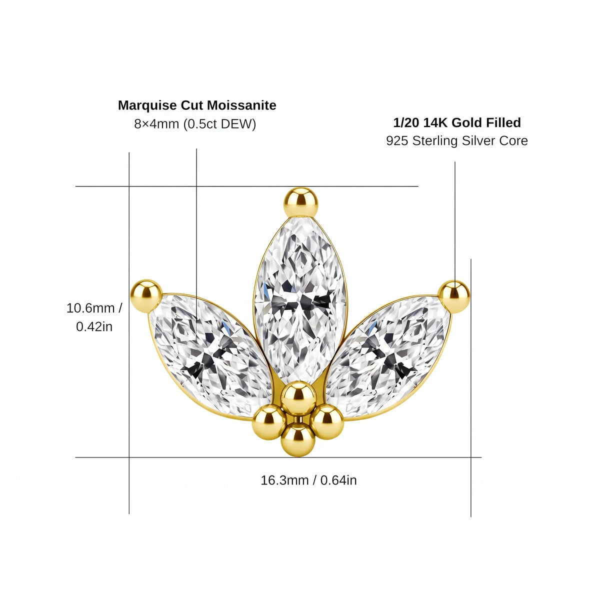 Lotus marquise moissanite stud earring specifications: three 8x4mm marquise stones, 16.3mm wide by 10.6mm tall, 1/20 14K gold filled over a 925 sterling silver core - Sensitive Stones
