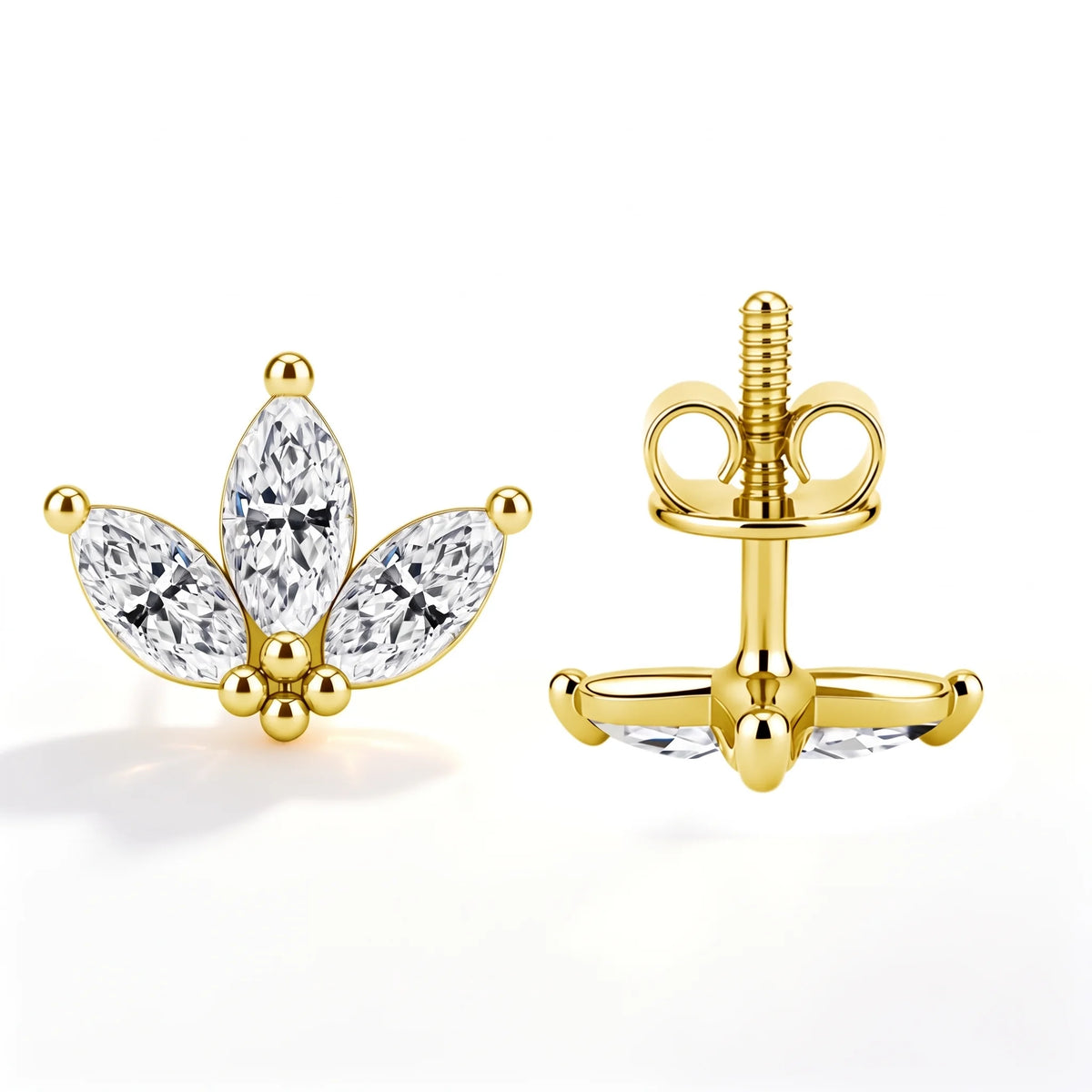Lotus marquise moissanite stud earrings in 14K gold filled, front view with the screw back shown - Sensitive Stones