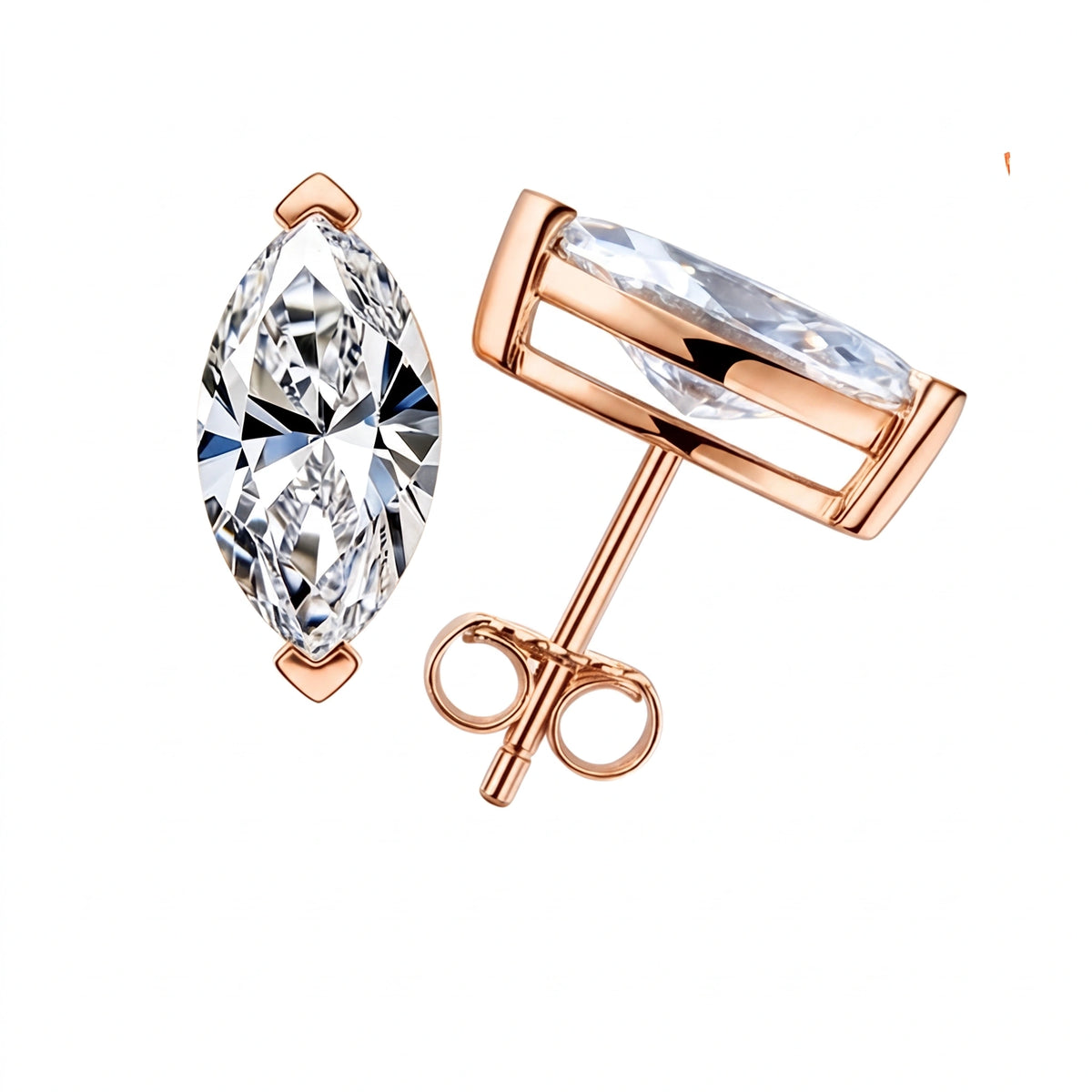 Marquise cut moissanite stud earrings in rose gold finished sterling silver, front and side view with a V-prong capping each point