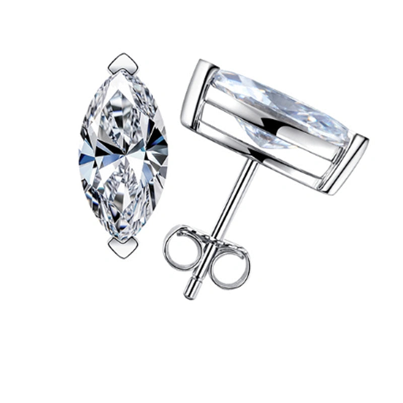 Marquise cut moissanite stud earrings in 18K white gold plated sterling silver, front and side view with a V-prong capping each point