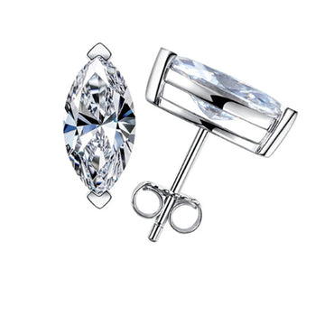 Marquise cut moissanite stud earrings in white gold finished sterling silver, front and side view with a V-prong capping each point