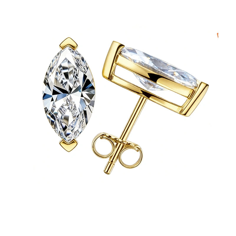 Marquise cut moissanite stud earrings in 18K yellow gold plated sterling silver, front and side view with a V-prong capping each point