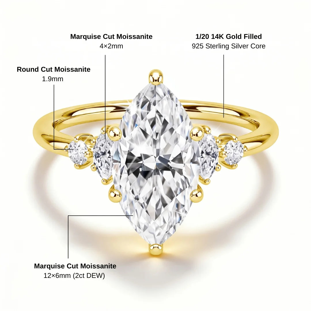 Marquise moissanite engagement ring specifications: 12x6mm 2ct centre with 4x2mm and 1.9mm moissanite side stones in 14K gold filled